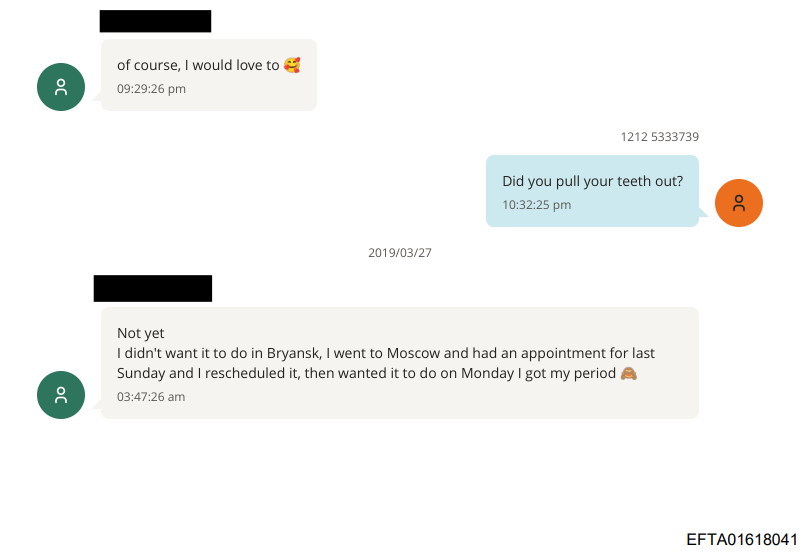 Screenshot of a messaging conversation dated March 27, 2019. One message asks, “Did you pull your teeth out?” and a reply states, “Not yet,” followed by an explanation about postponing an appointment in Bryansk and Moscow due to getting a period.