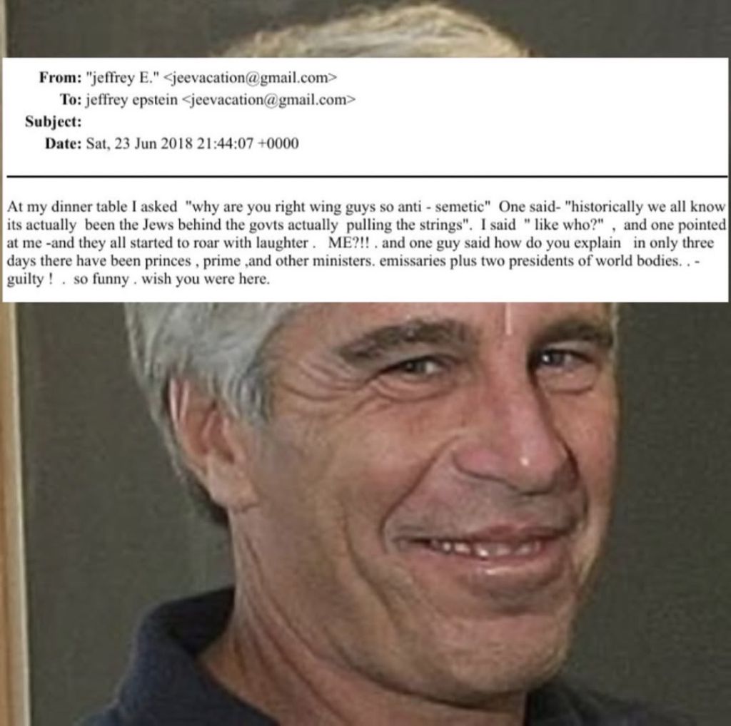 Image showing a screenshot of an email dated June 23, 2018, attributed to “Jeffrey E.” with a visible Gmail address, discussing remarks made at a dinner table about Judaism and political influence.