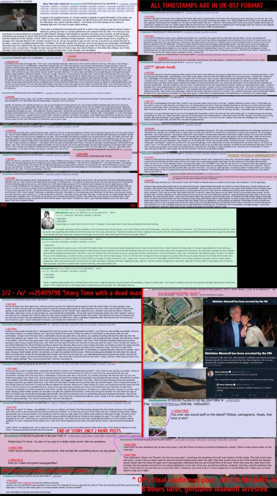 Red annotations emphasize timing details and an “OP’s final confirmed post,” suggesting a connection between the thread and the subsequent arrest.