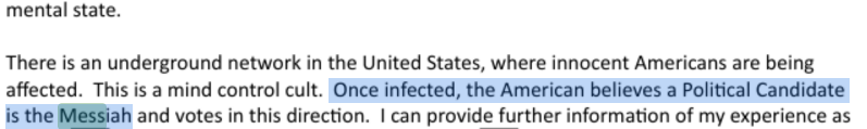 Excerpt of a document discussing a claimed “underground network” and describing it as a “mind control cult.” A highlighted sentence reads: “Once infected, the American believes a Political Candidate is the Messiah and votes in this direction.”