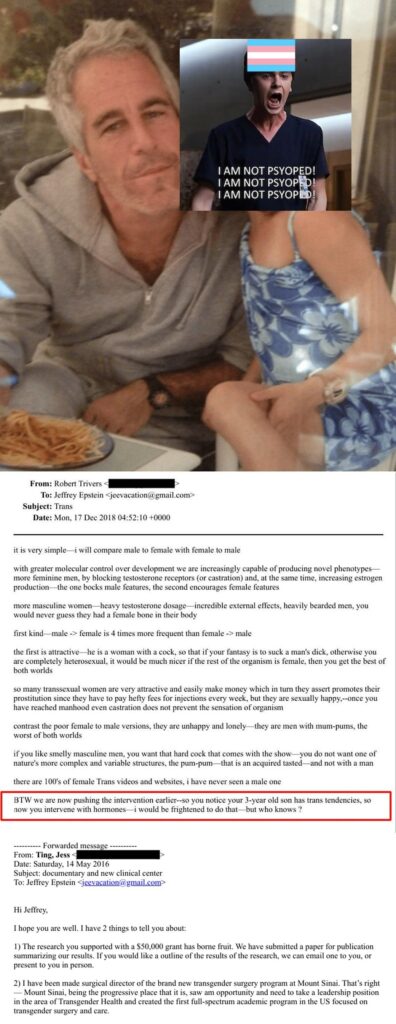 Screenshot of an email thread dated December 17, 2018, from “Robert Trivers” to “Jeffrey Epstein” with the subject “Trans.” The email contains explicit discussion of sex and gender topics, including hormone use and transgender issues, with a highlighted line referencing early intervention in children. A forwarded message from 2016 referencing a transgender surgery program at Mount Sinai appears beneath the main email text.