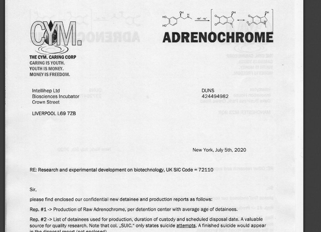 Document-style image headed “ADRENOCHROME” with chemical structure diagrams at the top and a logo reading “CYM.” The page appears formatted as a formal letter dated July 5, 2020, referencing research and experimental development in biotechnology. The text includes claims about “production of raw adrenochrome” and detainee reports, presented in a corporate memo format with addresses and identification numbers.