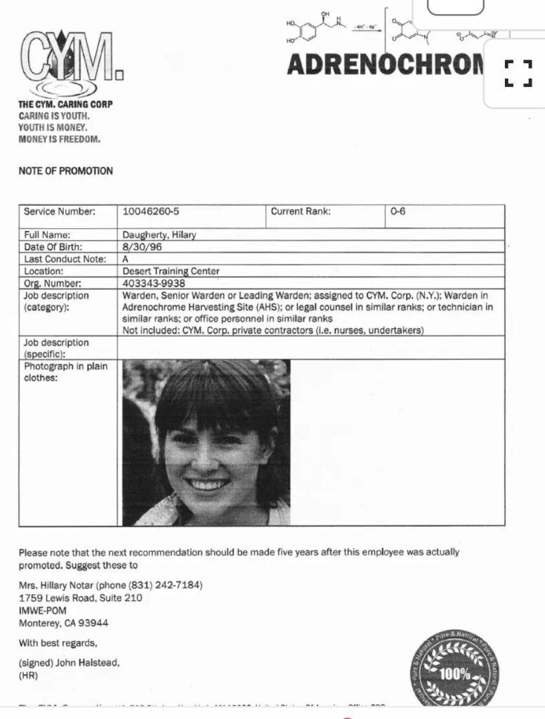 Document-style page headed “CYM.” and “ADRENOCHROME,” formatted as a “NOTE OF PROMOTION.” The page lists identifying details for an individual named Hilary Daugherty, including service number, date of birth, location, and job description referencing roles such as warden and assignments to a corporation. A small black-and-white photograph of a smiling woman appears in the lower section, along with contact information and a signature block at the bottom.
