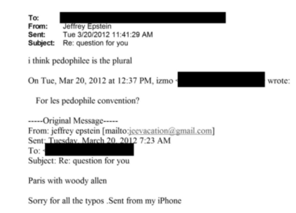 Screenshot of an email exchange showing messages attributed to Jeffrey Epstein dated March 20, 2012, with portions of the recipients’ information redacted. The thread includes references to a “question for you,” a remark about the plural of “pedophile,” and a brief mention of “Paris with woody allen.”