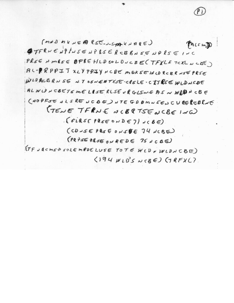 Black-and-white page titled “NOTES,” featuring heavily scribbled, largely illegible handwritten text arranged in irregular blocks and circled sections. The writing appears coded or fragmented, with smudges and darkened areas obscuring portions of the text