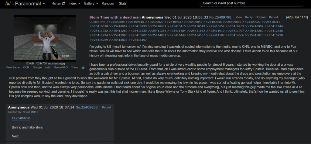 Screenshot of a 4chan /x/ (Paranormal) thread titled “Story Time with a dead man,” dated July 1, 2020. The post contains a long anonymous narrative claiming to have worked as a driver/security guard for wealthy individuals, including Jeffrey Epstein, alongside replies dismissing the story as fake.